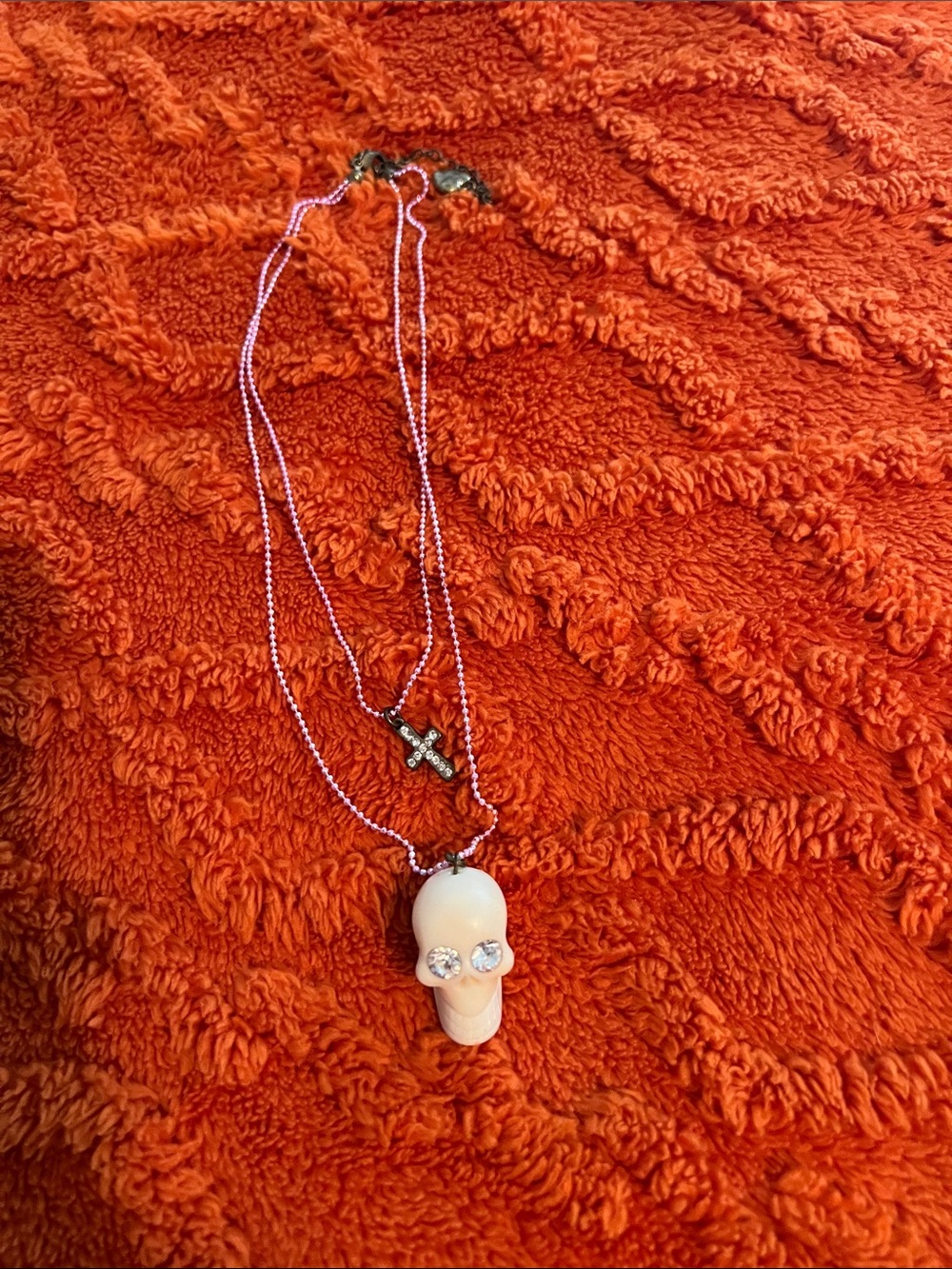 Betsey Johnson Pale Pink Skull Pendant Double Strand Necklace with Cross